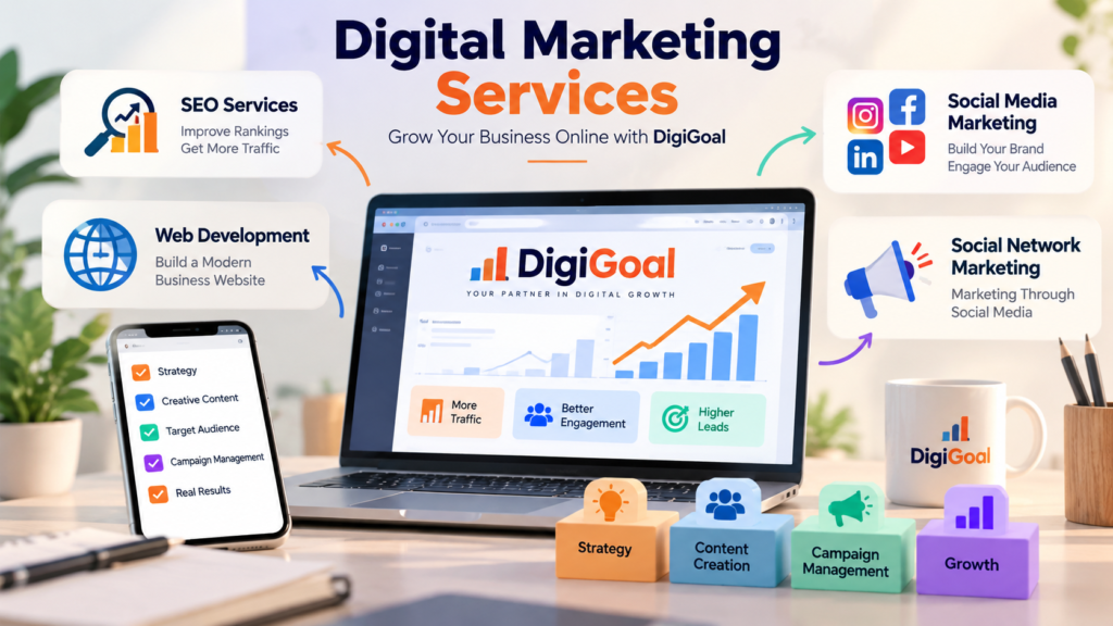 Digital marketing services including SEO, social media marketing, Facebook advertising management, and website development by DigiGoal